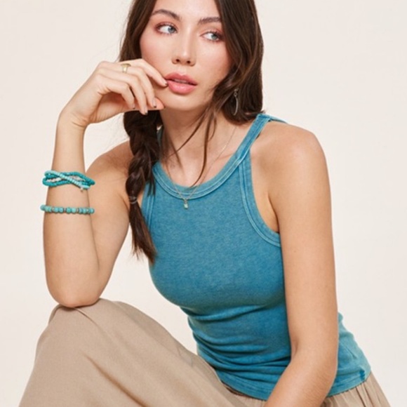 TEAL MINERAL WASHED FITTED HALTER TANK TOP - Picture 5 of 6